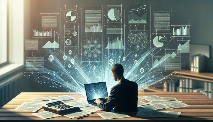 Debt Consolidation Calculators for Effective Financial Management | DCL Individual utilizing a laptop with debt consolidation calculators, surrounded by financial documents and graphs, demonstrating savings from debt consolidation.
