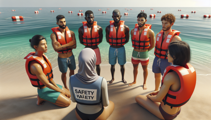 Diverse group wearing life jackets listening to water safety instructor on a sunny beach.