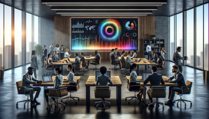 A modern office with a digital screen displaying Google Business Analytics dashboards, while the team strategizes on data optimization.