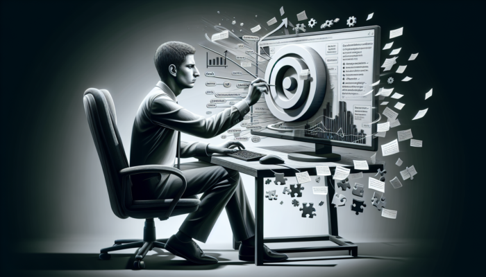 Individual setting up Google Business Analytics, appearing frustrated while overlooking key steps such as goal setting and tracking code installation.