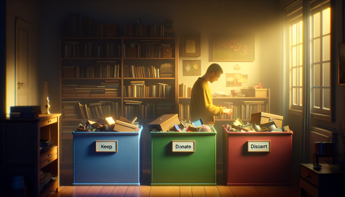 Person sorting sentimental items into 'keep', 'donate', 'discard' boxes, reflecting in a softly lit room.
