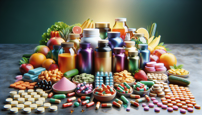A vibrant selection of dietary supplements displayed on a table, surrounded by fresh fruits and vegetables.