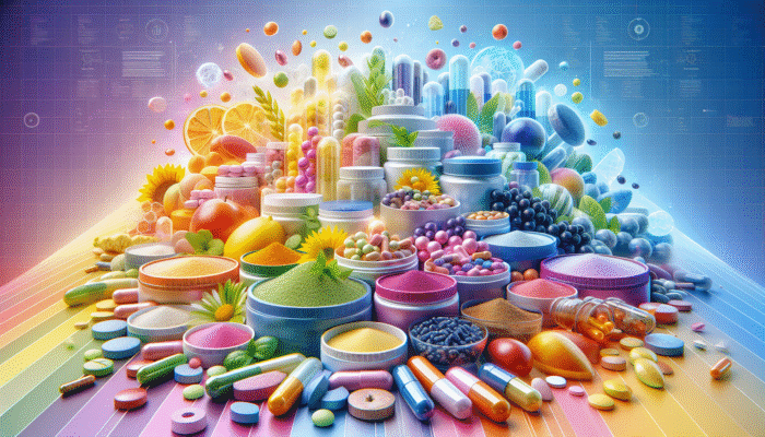 A vibrant selection of dietary supplements displayed in capsules, tablets, and powders against a lively backdrop.