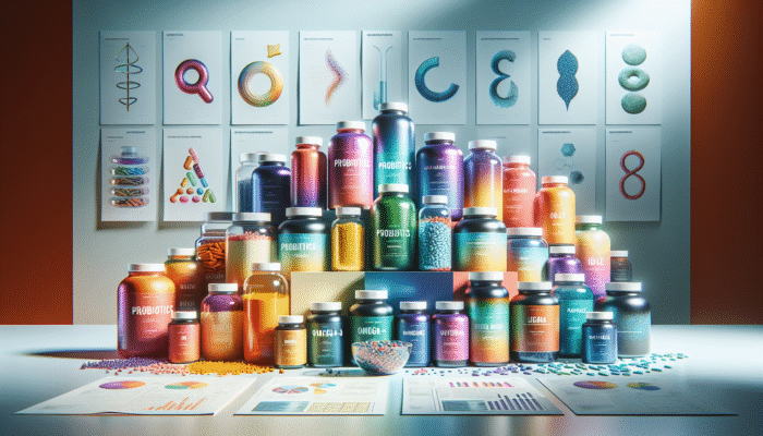 An assortment of specialty supplement bottles featuring probiotics, omega-3, and protein powders against a health-focused backdrop.