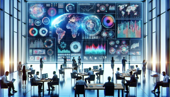 Modern office environment with professionals analysing strategic data insights displayed on a large interactive screen.