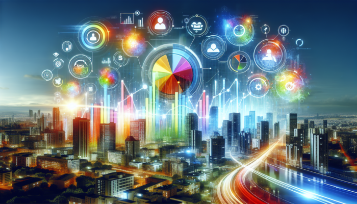 A vibrant Bing business profile illustrating graphs that depict increased traffic and trust, set against a lively city background.
