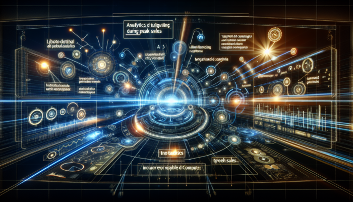 Futuristic interface of Bing Places for Business showcasing Bing Ads, illustrating analytics and targeted campaigns during peak sales.