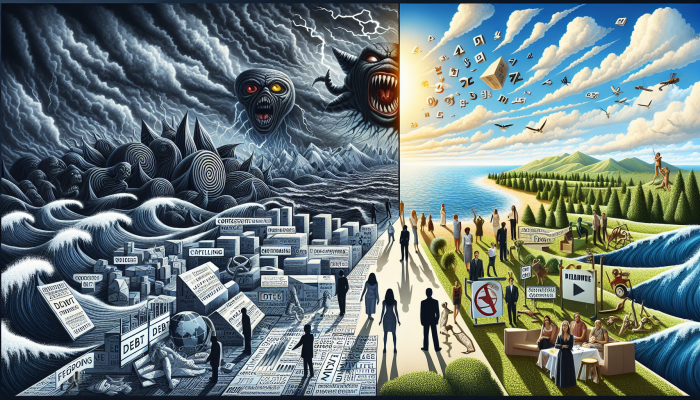 Split image: dark left with exaggerated debt horror stories, bright right showing calm, effective debt consolidation.
