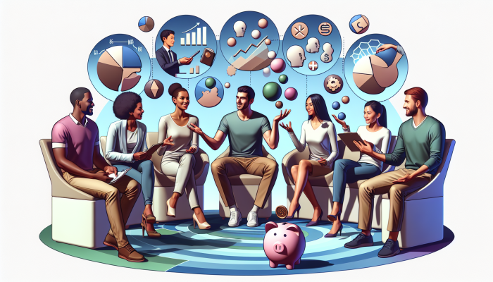 A diverse group discussing debt consolidation strategies and pitfalls in a supportive therapy setting with educational visuals.