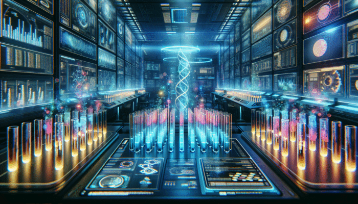 A cutting-edge laboratory featuring illuminated test tubes and digital displays showcasing protein absorption data.