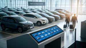 A contemporary Car Rentals centre featuring rows of parked vehicles within a bright, glass-walled building. Two travellers with suitcases approach the cars while a digital kiosk offers hassle-free booking options. Sunlight pours in from large windows.