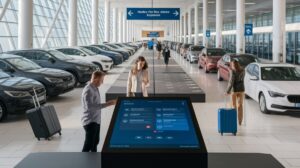 In a bright car rental facility, travellers enhance their booking experience at a large touchscreen kiosk while carrying their suitcases. Rows of parked cars line both sides, overhead signs offer directions in multiple languages, and natural light floods the space.