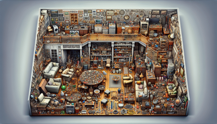 A comprehensive room-by-room inventory list for house clearance, showcasing furniture, appliances, decor, and tools.