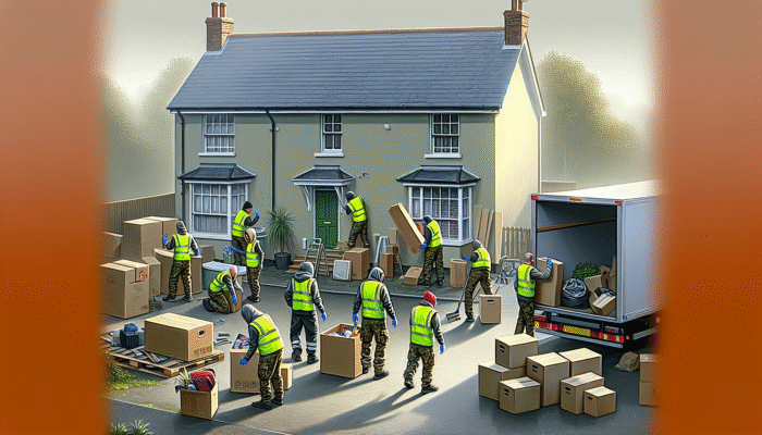 A professional team in high-visibility vests clearing a UK home, sorting items into labelled boxes, truck ready for transport.