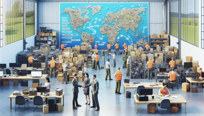A bustling local clearance office with workers sorting items, regional waste map, and a customer shaking hands with staff.