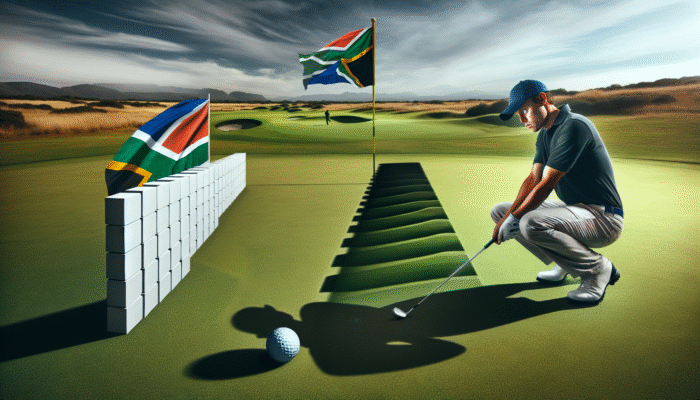 A South African golfer confronting mental blocks, represented by an invisible barrier and looming shadows of doubt and fear on the green.
