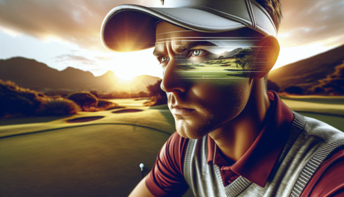 A South African golfer at sunrise, visualising the course and utilising deep breathing techniques to convert anxiety into confidence.