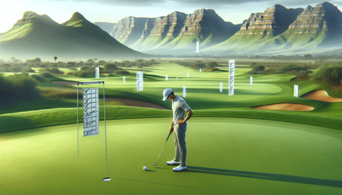 A South African golfer concentrating on a putt on a lush green course, with distant mountains and floating checklists symbolising small, achievable goals.
