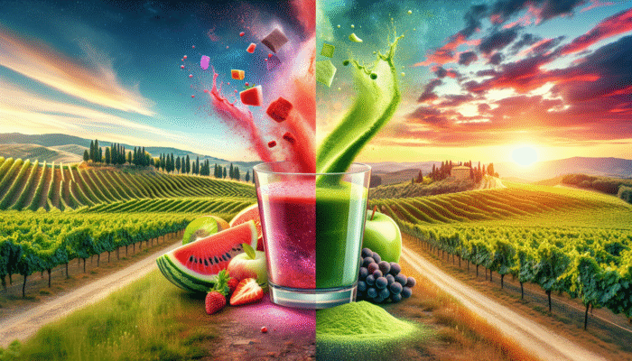 Split image of flavored electrolyte powders in watermelon and green apple, and unflavoured mixed into smoothie and protein shake, with Tuscan vineyards.
