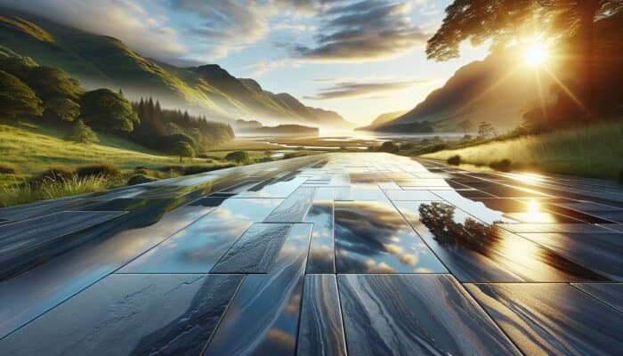 Showcasing the Importance of Waterproofing Stone Floors in Inverclyde: A stunning landscape highlighting a beautifully waterproofed stone floor reflecting its vibrant surroundings, exemplifying durability and protection.