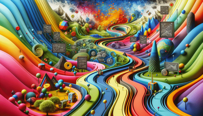 A vibrant landscape with a path through colourful educational environments, showcasing unique course designs and interactive features.