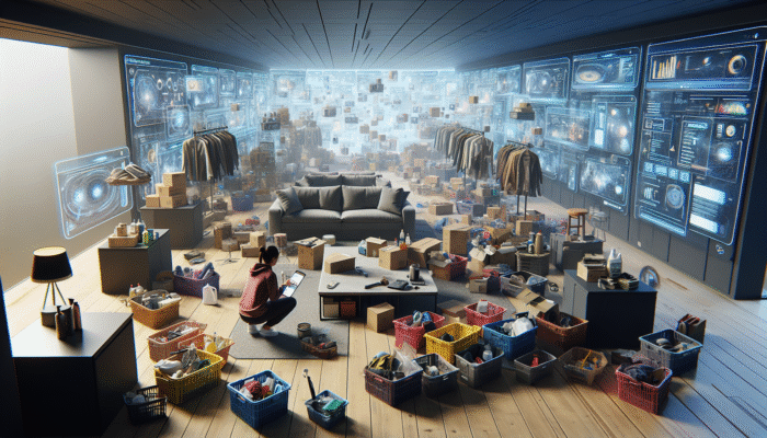 Person organizing and packing items into labelled boxes in a cluttered living room for house clearance.