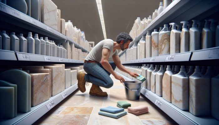 Individual selecting a pH-neutral cleaner, soft cloths, and bucket in a UK supermarket aisle, with travertine tiles in the background.
