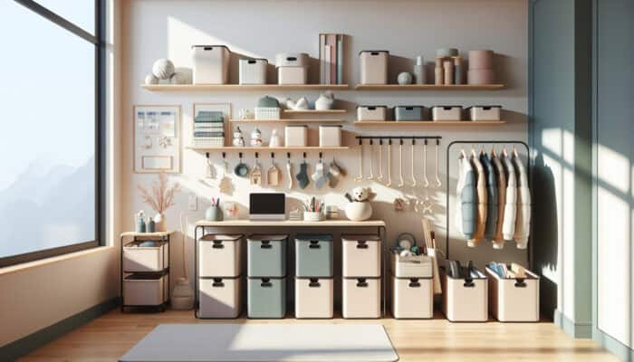 A minimalist room with organized storage solutions including bins, shelves, hooks, and labelled containers for seasonal items.