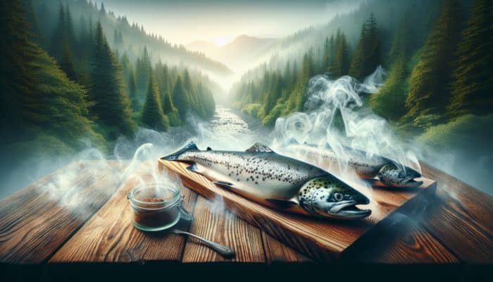 Salmon smoking on a Western Red Cedar plank, surrounded by sweet smoke, in a lush Pacific Northwest forest.