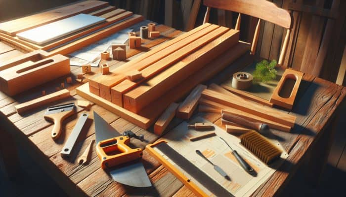 Cedar wood planks arranged on a rustic table with smoking preparation tools basking in sunlight.
