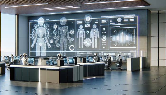 The Future of Debt Consolidation Loans: Trends and Predictions | DCL Futuristic loan office with AI computers, holographic displays, and robotic assistants in a modern setting.