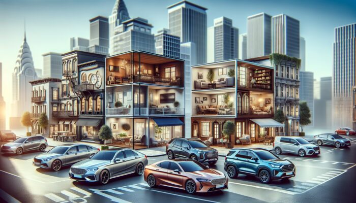 A lively city street showcasing various vehicles including luxury sedans, economical hatchbacks, SUVs, and vans.