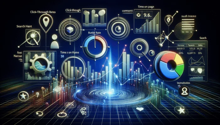A digital dashboard displaying Google Analytics metrics with graphs on click-through rates, bounce rates, and time spent on page.