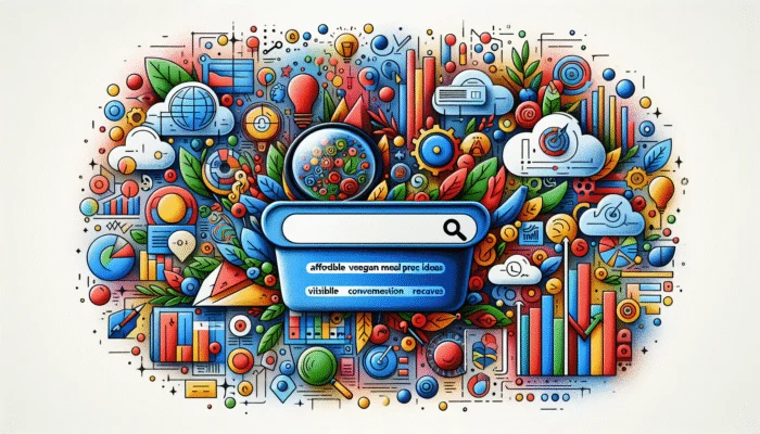 A digital illustration of a search bar displaying long-tail keywords, surrounded by audience icons and graphs illustrating increased visibility and conversion rates.