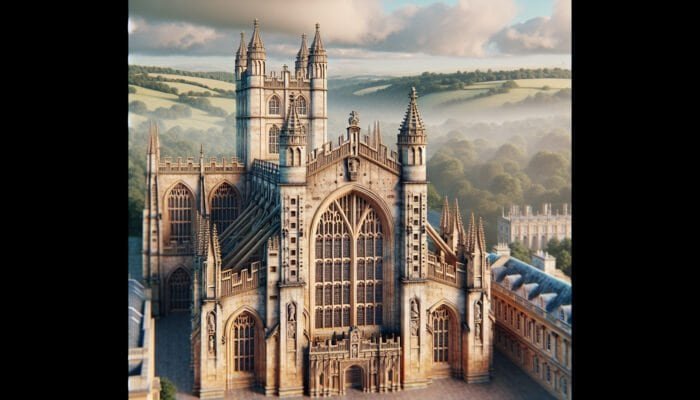 Restored limestone façade of Bath Abbey in Somerset, revealing rejuvenated stonework after steam cleaning and chemical treatments.