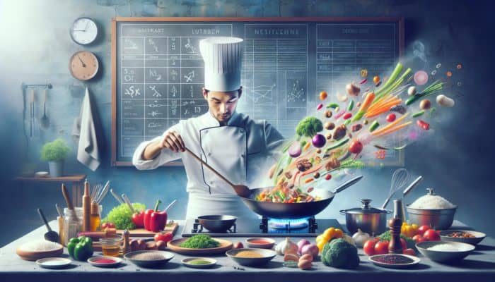 A chef stir-frying a colourful array of vegetables and meat in a wok, steam rising, in a lively kitchen.