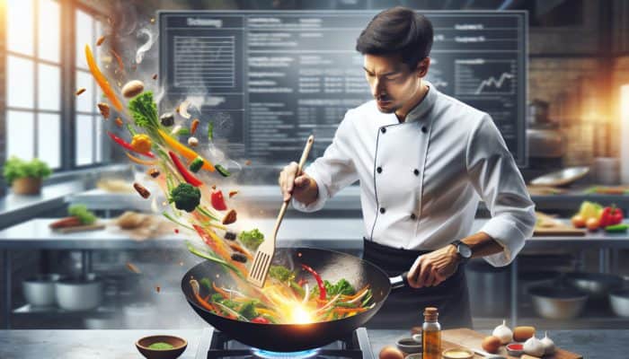 A chef expertly stir-frying vegetables in a wok with a spatula, achieving uniform cooking and caramelisation.