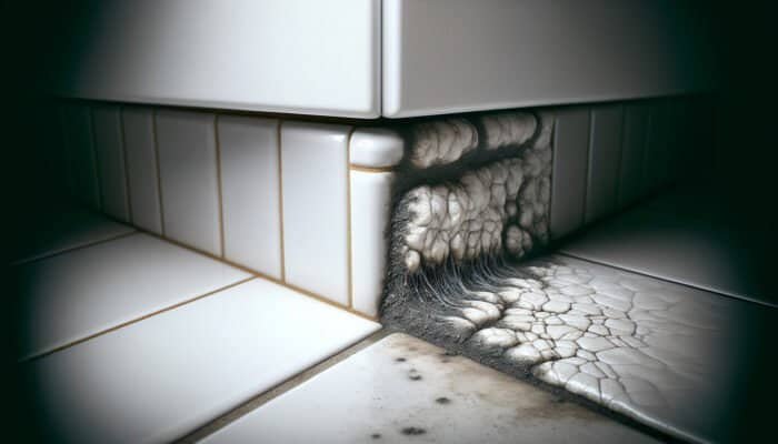 Close-up of kitchen tile grout showing clean and mouldy areas, emphasising the importance of cleaning.