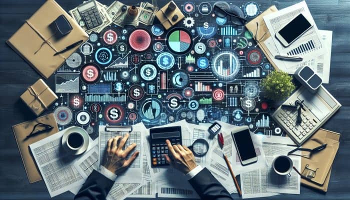 Printable Debt Consolidation Planning Worksheets | DCL A detailed budget chart with financial documents, calculators, and graphs illustrating the impact of debt consolidation on a desk.