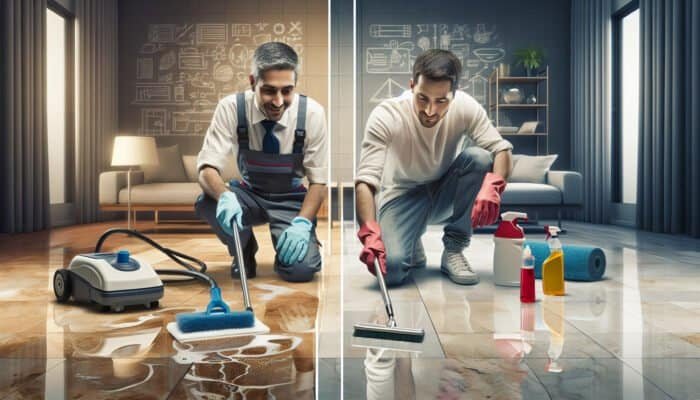Professional cleaner using specialised equipment on travertine floor; homeowner applying DIY solution.