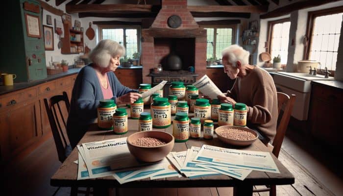 An elderly vegan couple from Shrewsbury reviewing B12 supplements and fortified cereals at their kitchen table.