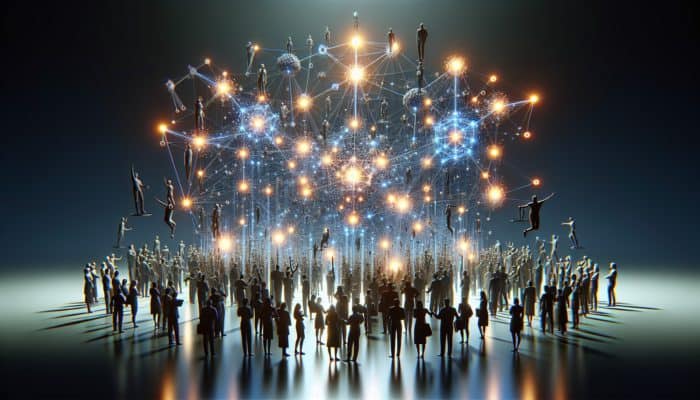 A vibrant network of nodes symbolising high-quality, authoritative branded content attracting backlinks, eagerly shared by industry leaders.