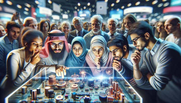 A diverse gathering of tech enthusiasts at a tech expo, exploring the latest gadgets with keen attention.
