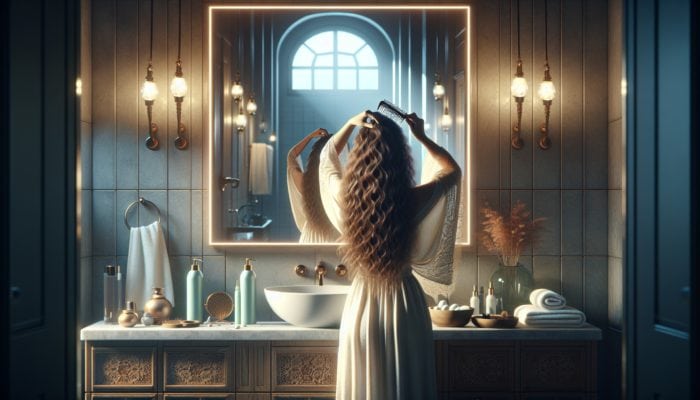 A woman sectioning her damp, wavy hair in a serene bathroom with soft lighting and calming decor.
