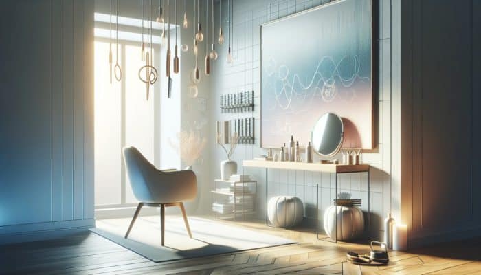 A serene room with a comfortable chair, large mirror, and detangling tools on a table, soft music playing.