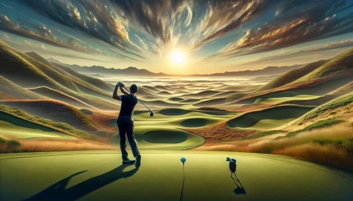 Golfer at Fancourt, South Africa, demonstrating a wide stance on undulating fairways for better stability and control.