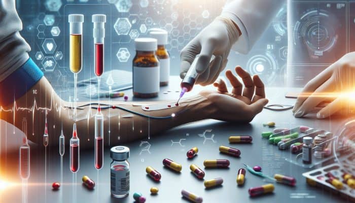 A medical professional drawing blood from a person's arm in a clinic, with vitamin B12 supplements and test tubes nearby.