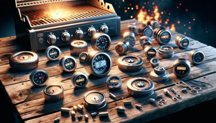 A variety of grill timers showcased on a wooden table: mechanical with traditional dials, digital with countdown features, and magnetic backs, positioned next to a lit barbecue grill.