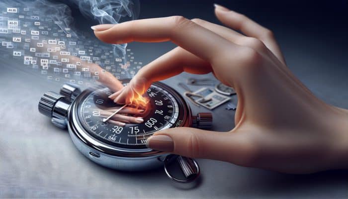 A hand adjusting the settings on a digital timer, stopwatch displaying 10 minutes, with a grilling scene in the background featuring smoke and meat.