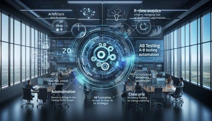 AI-driven marketing hub with real-time analytics, optimising ads and automating tests in a modern office.